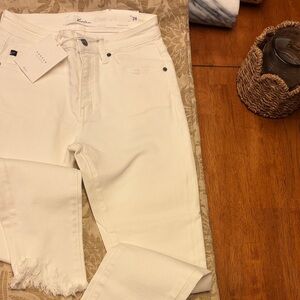 KanCan White High-Rise Cropped Raw-Hem Jeans